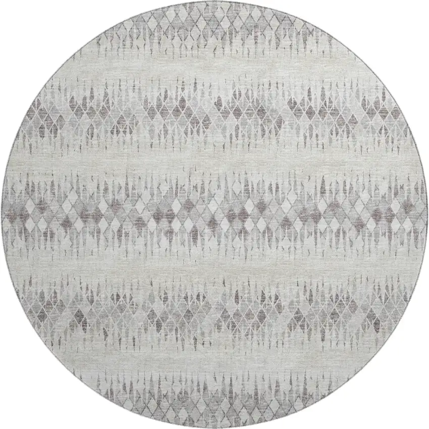 8' Beige And Gray Round Ikat Washable Indoor Outdoor Area Rug Photo 2