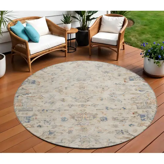 8' Beige And Gray Round Medallion Washable Indoor Outdoor Area Rug Photo 1
