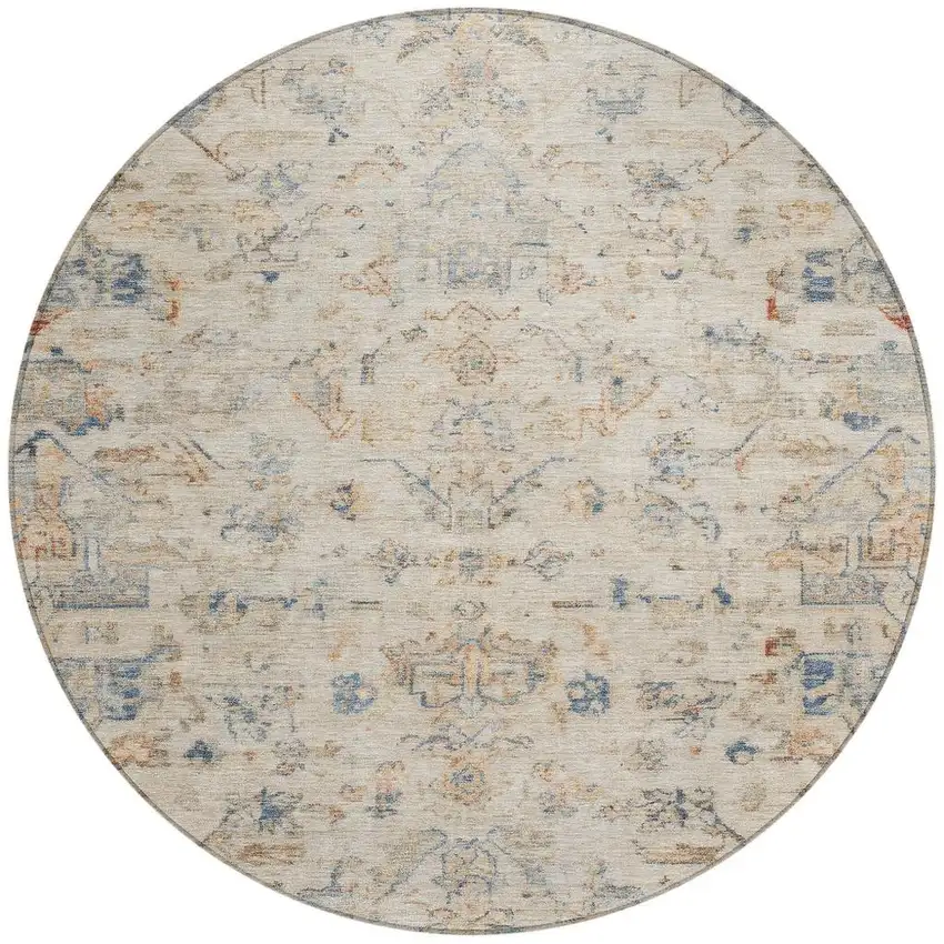 8' Beige And Gray Round Medallion Washable Indoor Outdoor Area Rug Photo 4
