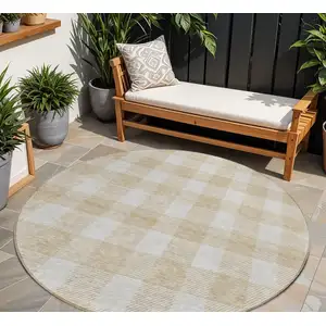Photo of 8' Beige And Gray Round Plaid Washable Indoor Outdoor Area Rug