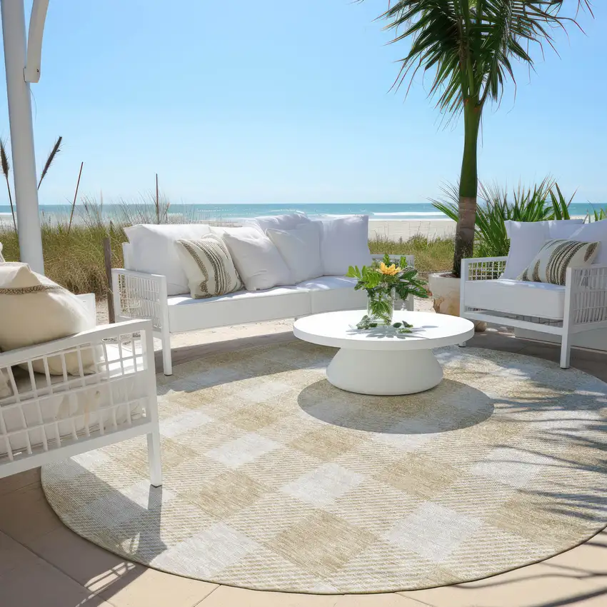 8' Beige And Gray Round Plaid Washable Indoor Outdoor Area Rug Photo 5