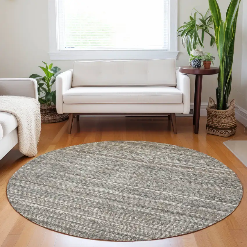 8' Beige And Gray Round Striped Washable Indoor Outdoor Area Rug Photo 7
