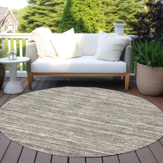 8' Beige And Gray Round Striped Washable Indoor Outdoor Area Rug Photo 6