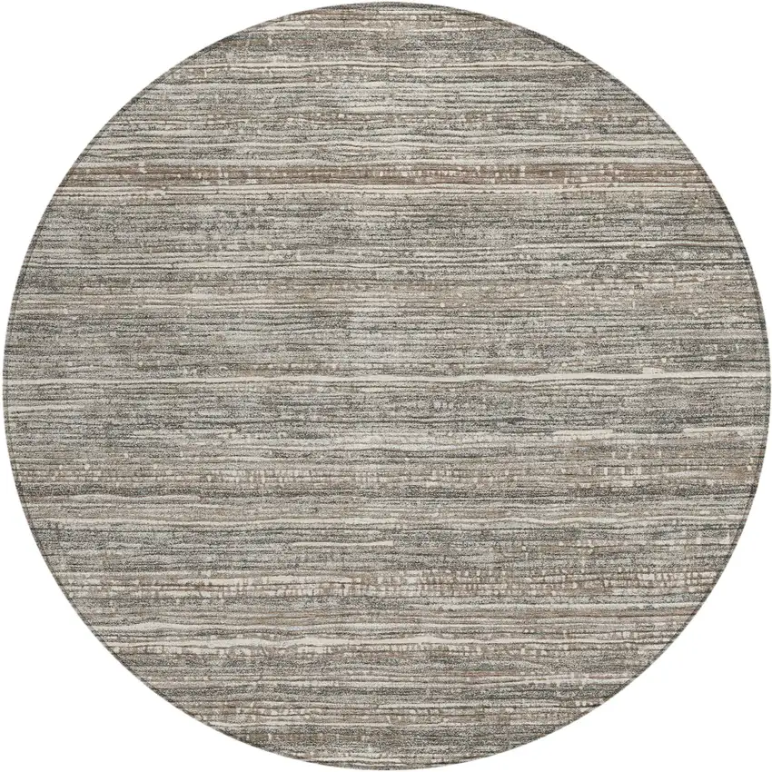 8' Beige And Gray Round Striped Washable Indoor Outdoor Area Rug Photo 1