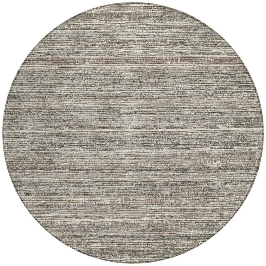 8' Beige And Gray Round Striped Washable Indoor Outdoor Area Rug Photo 4