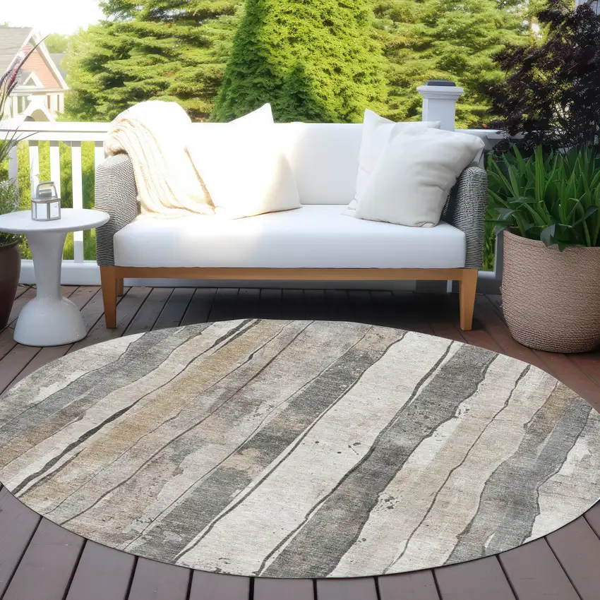 8' Beige And Gray Round Striped Washable Indoor Outdoor Area Rug Photo 5