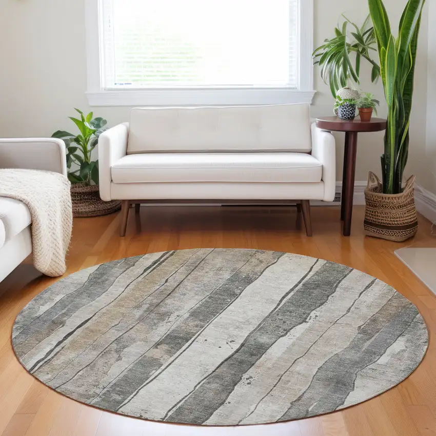 8' Beige And Gray Round Striped Washable Indoor Outdoor Area Rug Photo 6