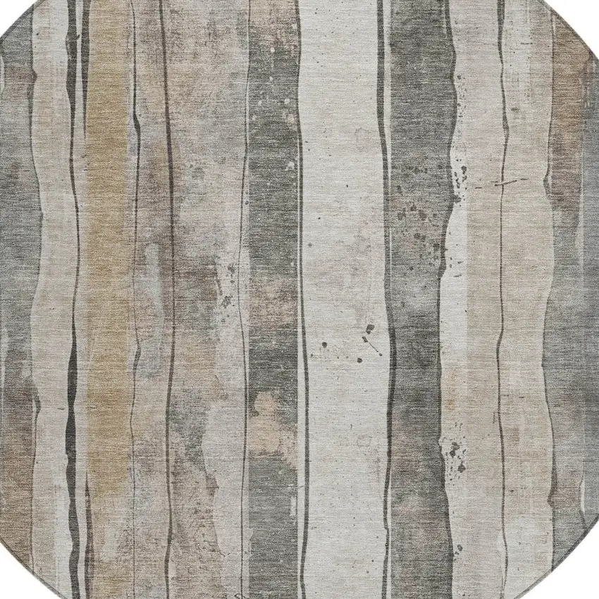 8' Beige And Gray Round Striped Washable Indoor Outdoor Area Rug Photo 8