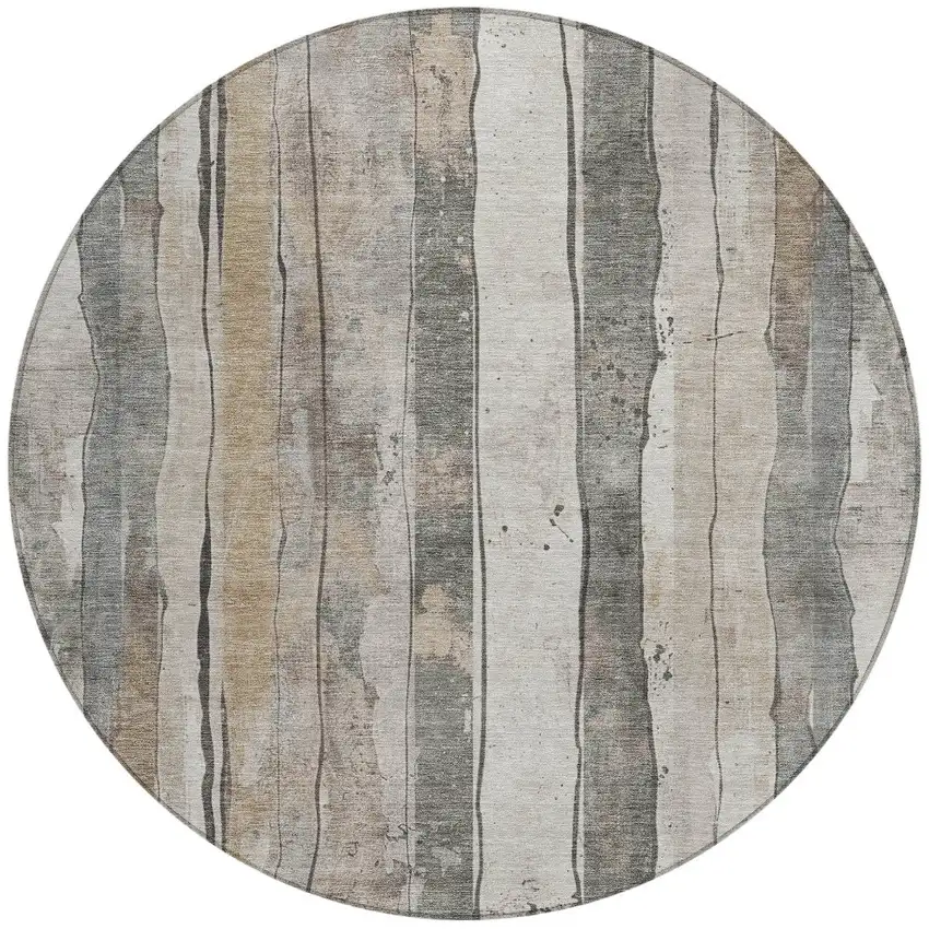 8' Beige And Gray Round Striped Washable Indoor Outdoor Area Rug Photo 3