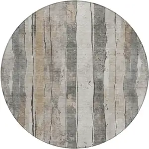 Photo of 8' Beige And Gray Round Striped Washable Indoor Outdoor Area Rug