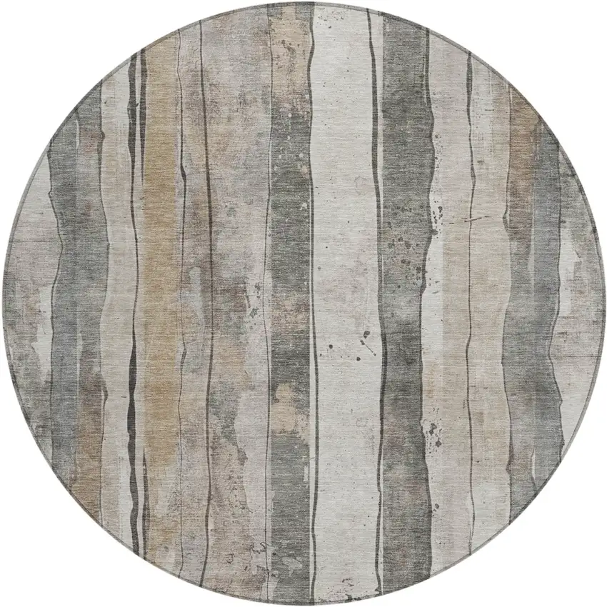 8' Beige And Gray Round Striped Washable Indoor Outdoor Area Rug Photo 1