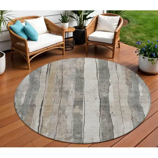 8' Beige And Gray Round Striped Washable Indoor Outdoor Area Rug Photo 2