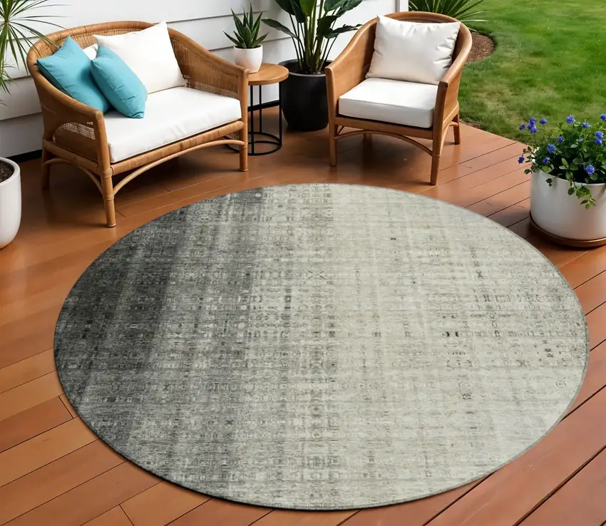 8' Beige And Gray Round Striped Washable Indoor Outdoor Area Rug Photo 1
