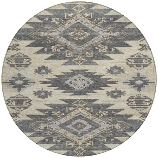 8' Beige And Gray Round Tribal Washable Indoor Outdoor Area Rug Photo 3