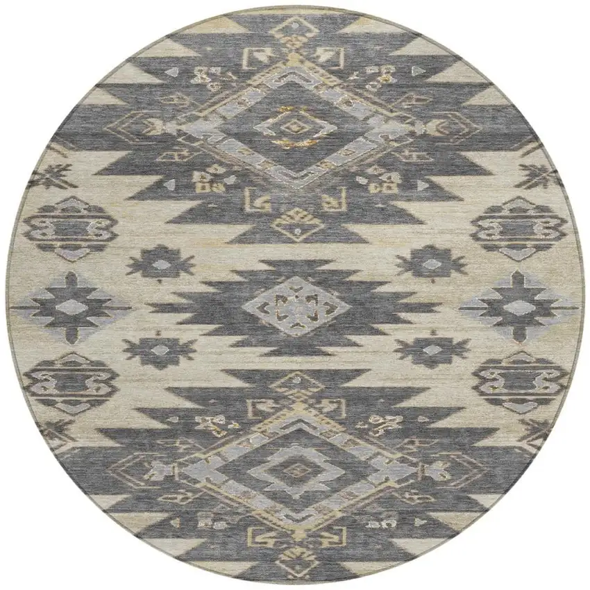 8' Beige And Gray Round Tribal Washable Indoor Outdoor Area Rug Photo 3