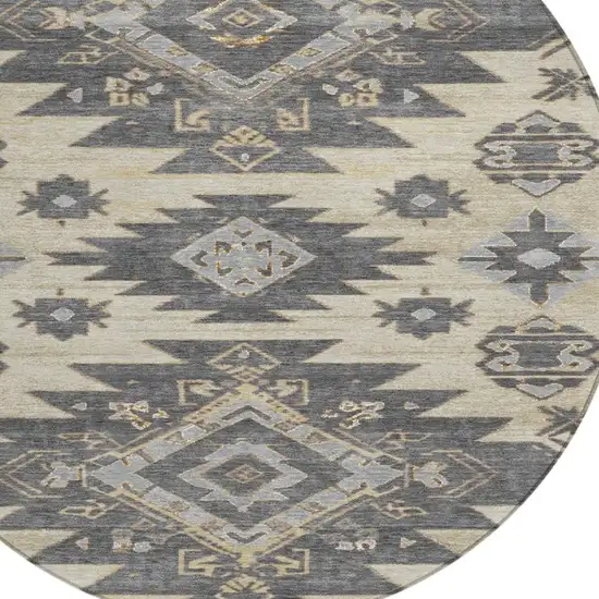 8' Beige And Gray Round Tribal Washable Indoor Outdoor Area Rug Photo 8