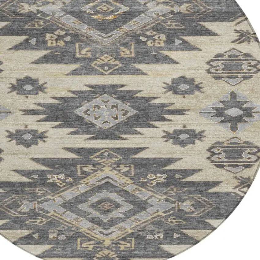 8' Beige And Gray Round Tribal Washable Indoor Outdoor Area Rug Photo 8