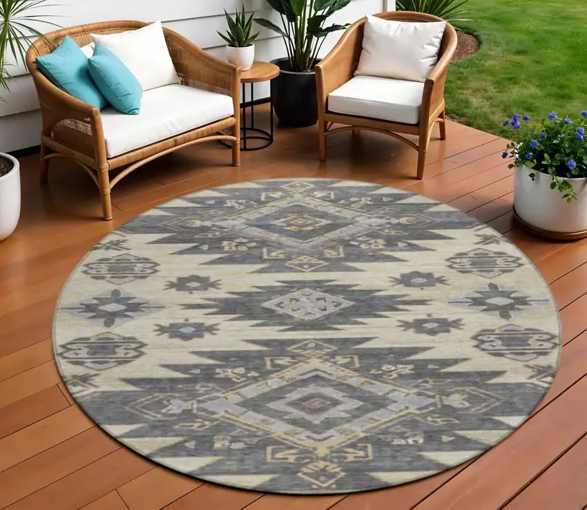 8' Beige And Gray Round Tribal Washable Indoor Outdoor Area Rug Photo 2