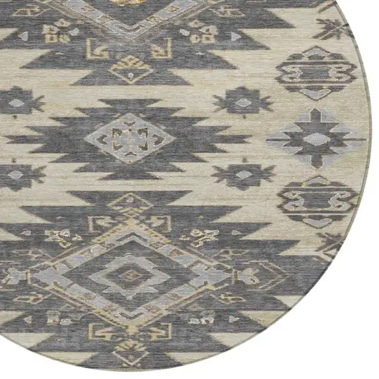 8' Beige And Gray Round Tribal Washable Indoor Outdoor Area Rug Photo 4