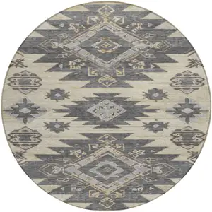 Photo of 8' Beige And Gray Round Tribal Washable Indoor Outdoor Area Rug