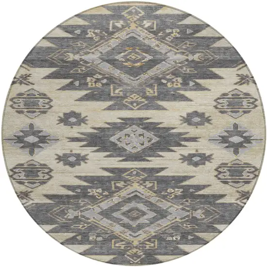 8' Beige And Gray Round Tribal Washable Indoor Outdoor Area Rug Photo 1