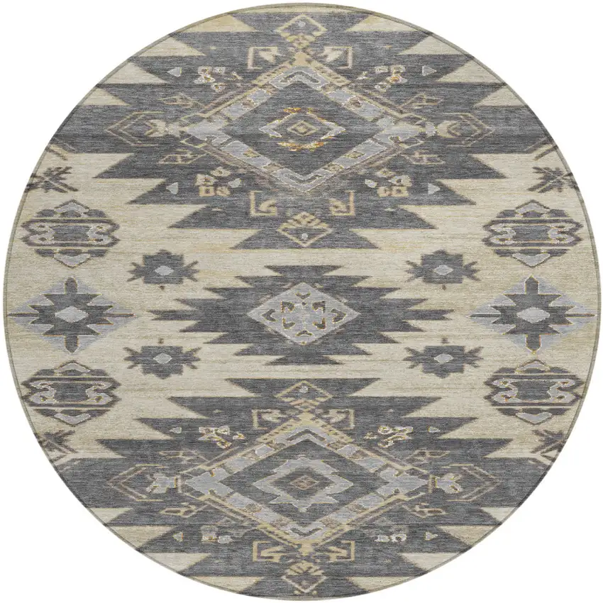 8' Beige And Gray Round Tribal Washable Indoor Outdoor Area Rug Photo 1