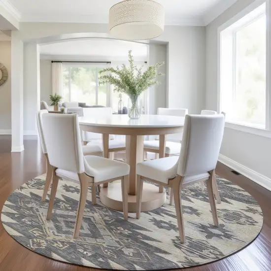 8' Beige And Gray Round Tribal Washable Indoor Outdoor Area Rug Photo 6
