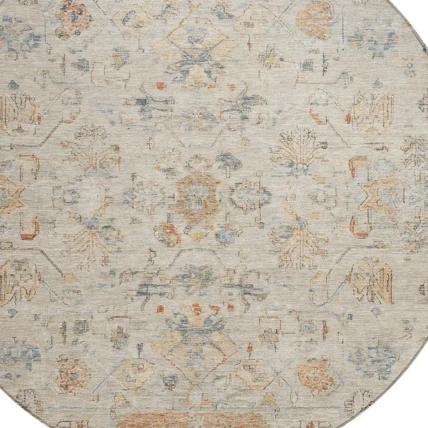 8' Beige And Gray Round Tribal Washable Indoor Outdoor Area Rug Photo 7