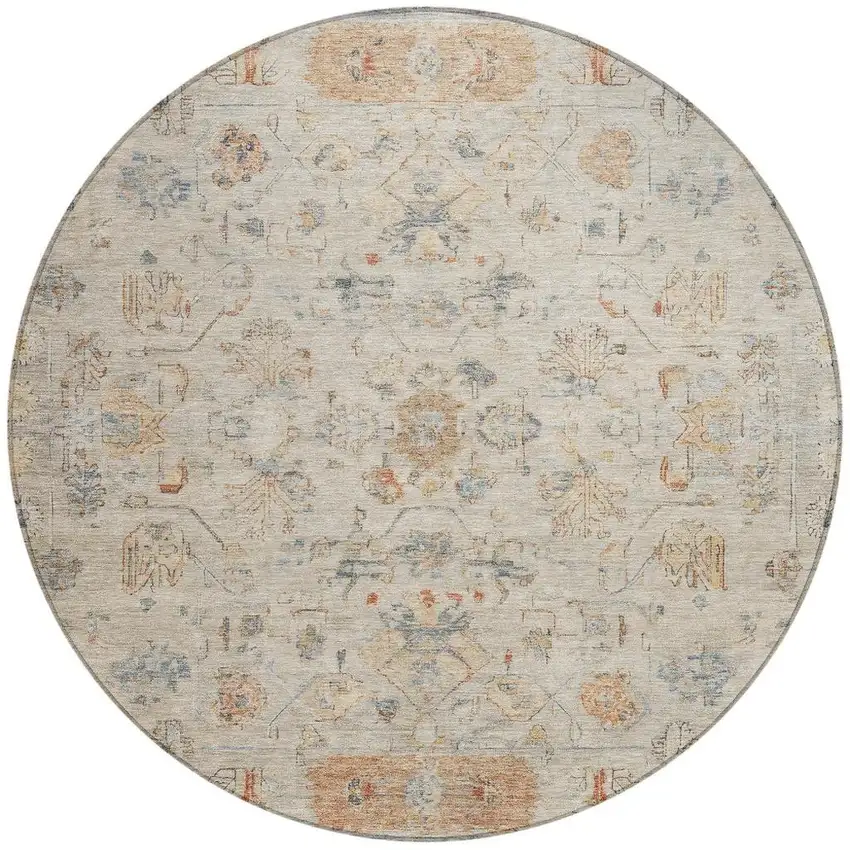 8' Beige And Gray Round Tribal Washable Indoor Outdoor Area Rug Photo 4