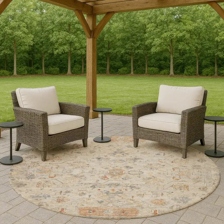 8' Beige And Gray Round Tribal Washable Indoor Outdoor Area Rug Photo 8