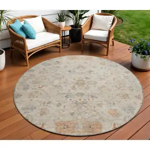 Photo of 8' Beige And Gray Round Tribal Washable Indoor Outdoor Area Rug