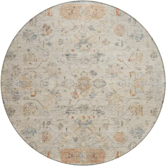 8' Beige And Gray Round Tribal Washable Indoor Outdoor Area Rug Photo 2