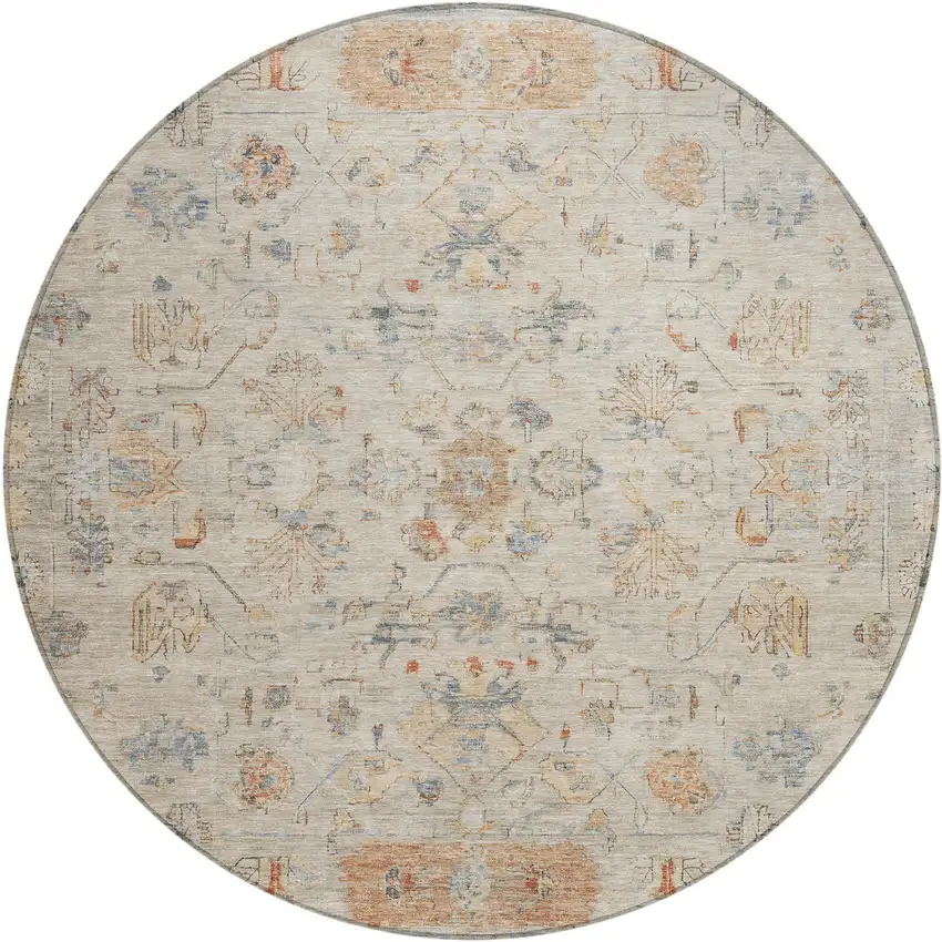8' Beige And Gray Round Tribal Washable Indoor Outdoor Area Rug Photo 2