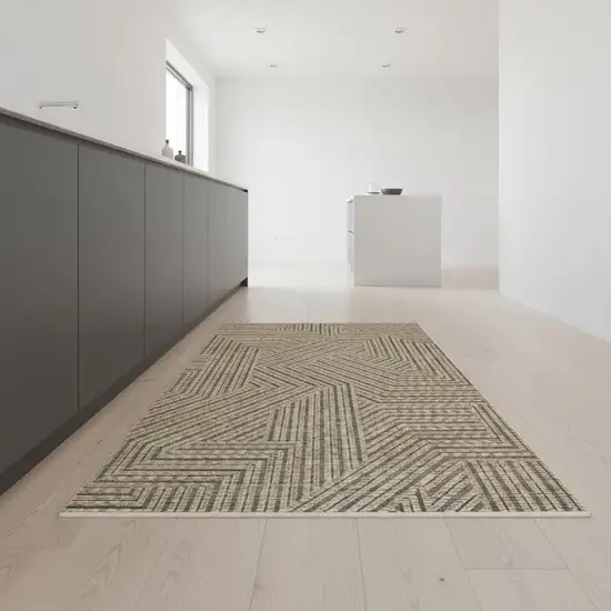 8' Beige And Gray Striped Runner Rug With Fringe Photo 1