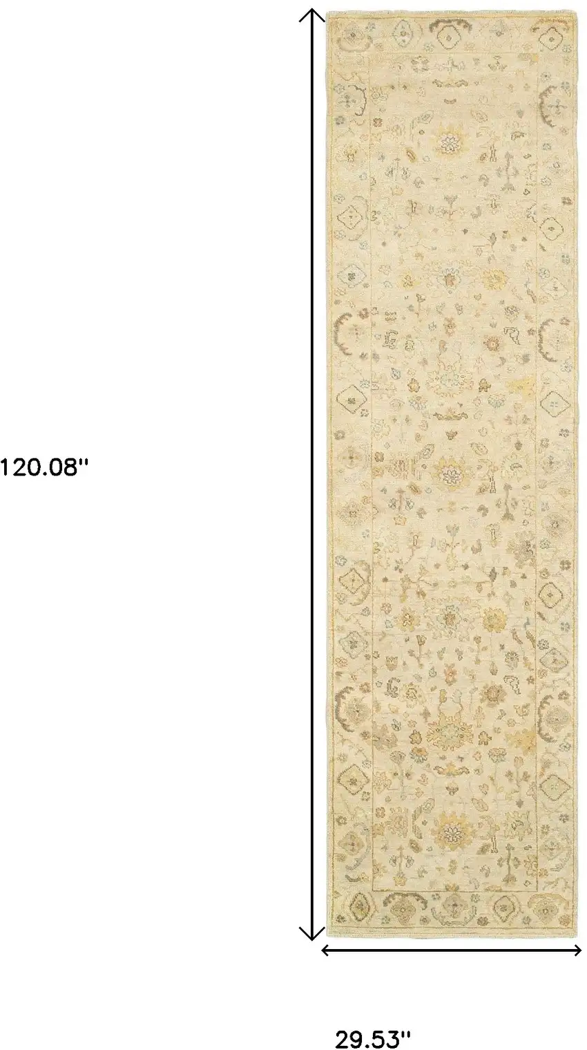 10' Beige And Gray Wool Oriental Hand Knotted Runner Rug Photo 3