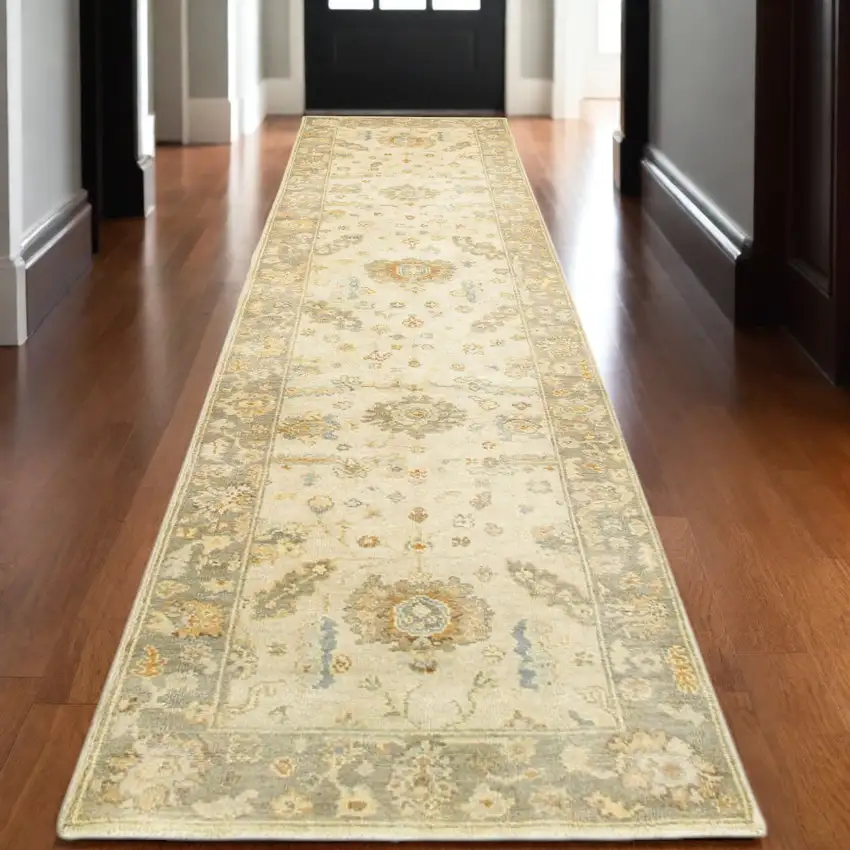 10' Beige And Gray Wool Oriental Hand Knotted Runner Rug Photo 1
