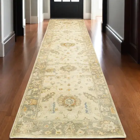 10' Beige And Gray Wool Oriental Hand Knotted Runner Rug Photo 1