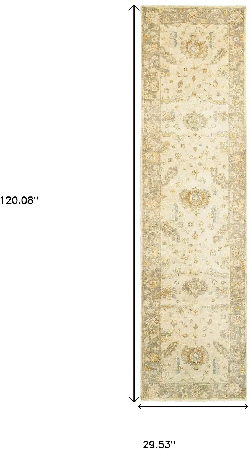 10' Beige And Gray Wool Oriental Hand Knotted Runner Rug Photo 3