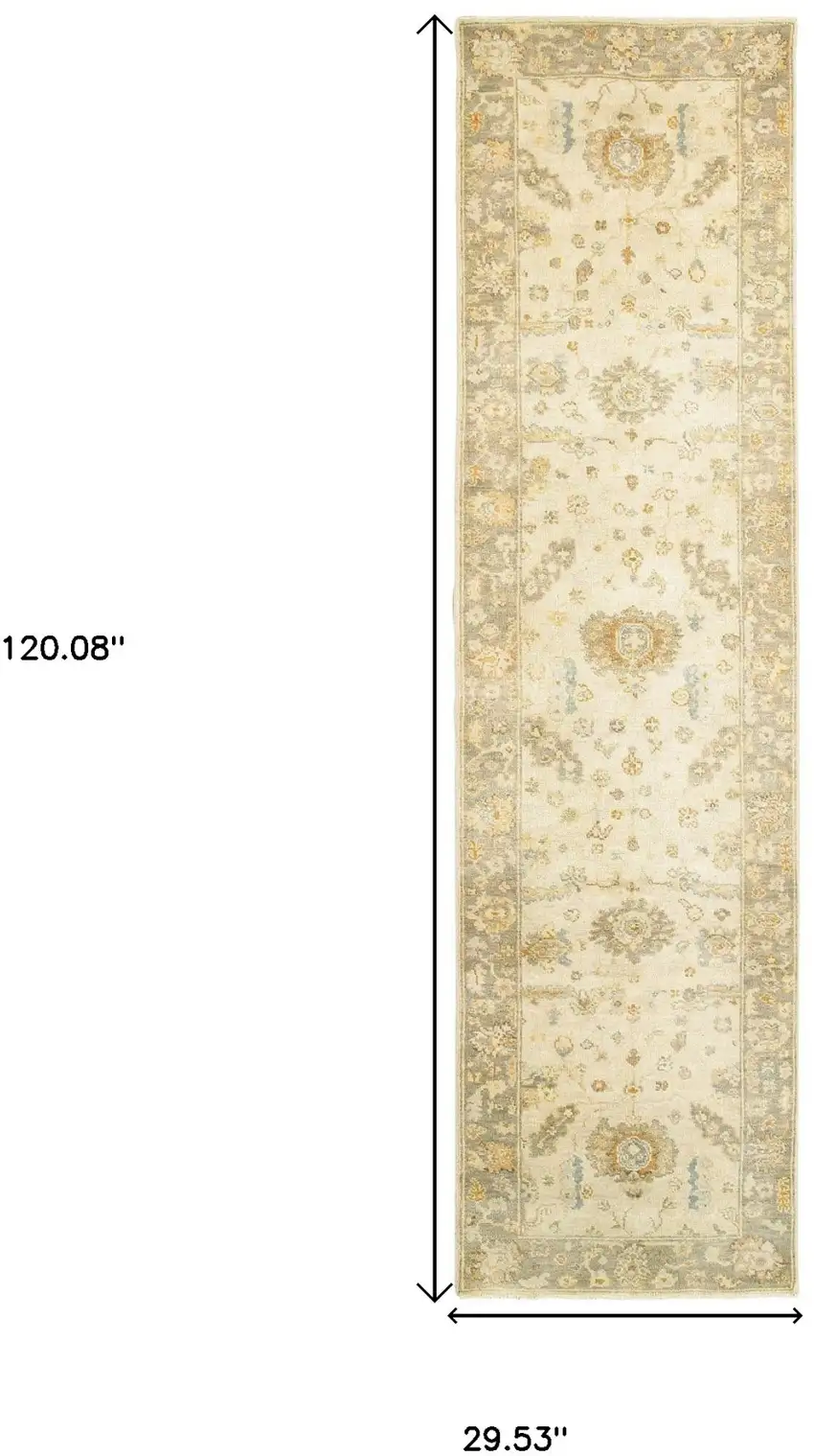 10' Beige And Gray Wool Oriental Hand Knotted Runner Rug Photo 3