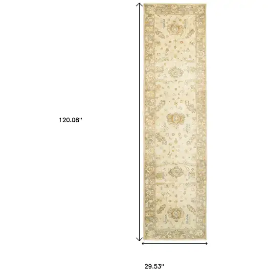 10' Beige And Gray Wool Oriental Hand Knotted Runner Rug Photo 3