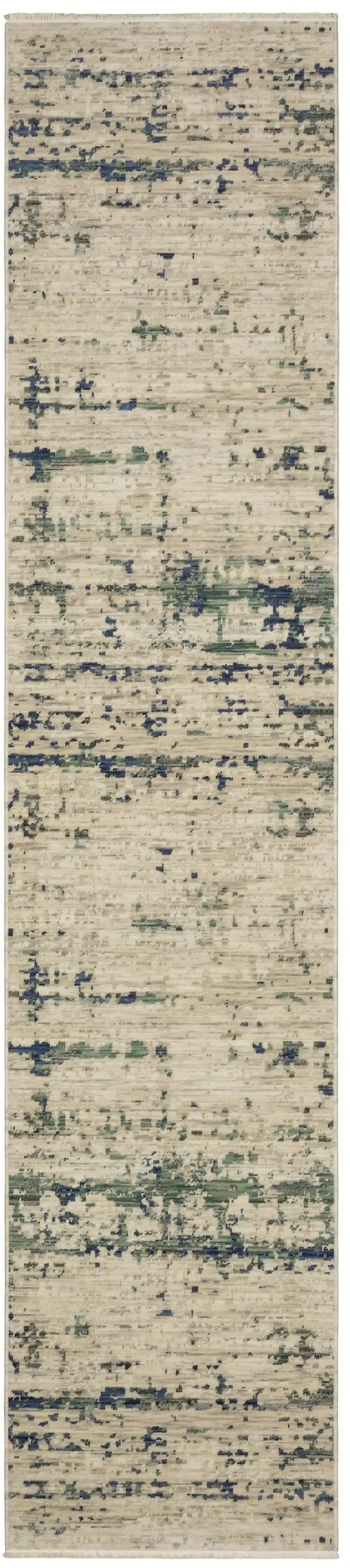 12' Beige And Green Abstract Runner Rug With Fringe Photo 2