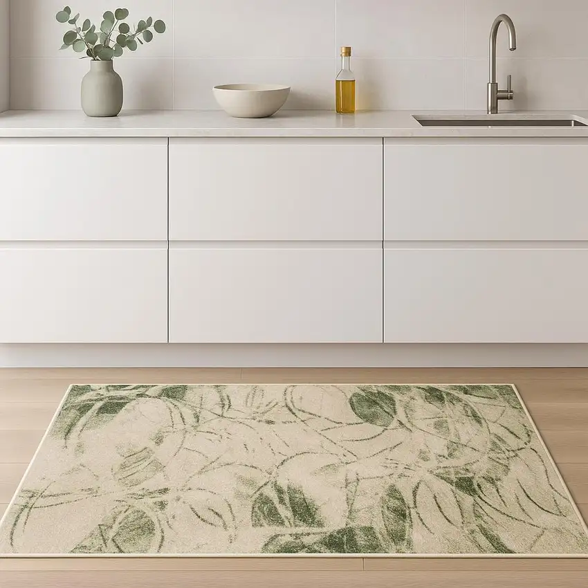 8' Beige And Green Abstract Runner Rug Photo 1