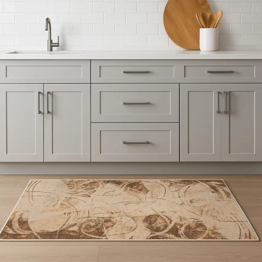 8' Beige And Green Abstract Runner Rug Photo 1