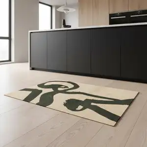 Photo of 5' Beige And Green Abstract Washable Round Rug With UV Protection