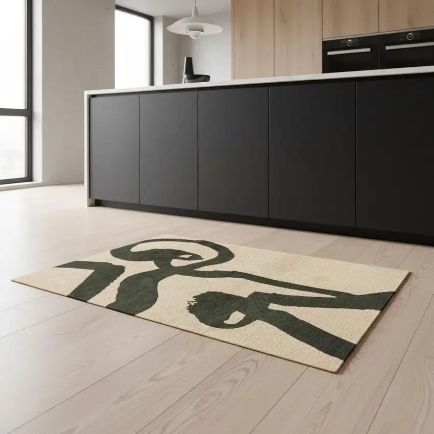 5' Beige And Green Abstract Washable Round Rug With UV Protection Photo 1