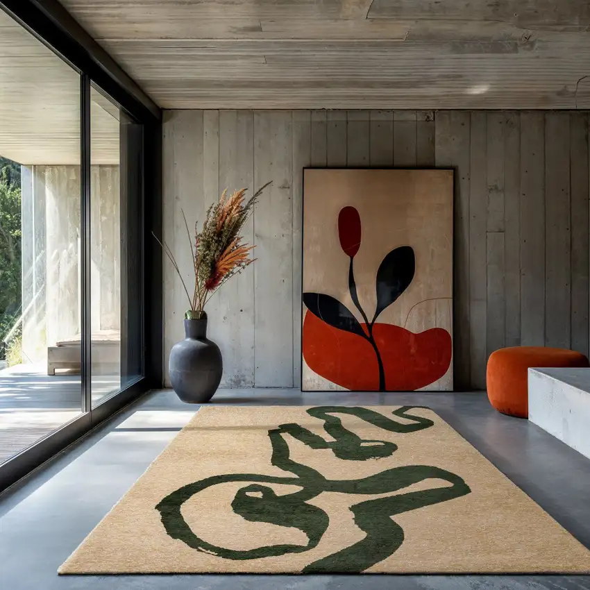 5' Beige And Green Abstract Washable Round Rug With UV Protection Photo 5