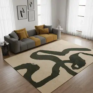 Photo of 8' Beige And Green Abstract Washable Round Rug With UV Protection