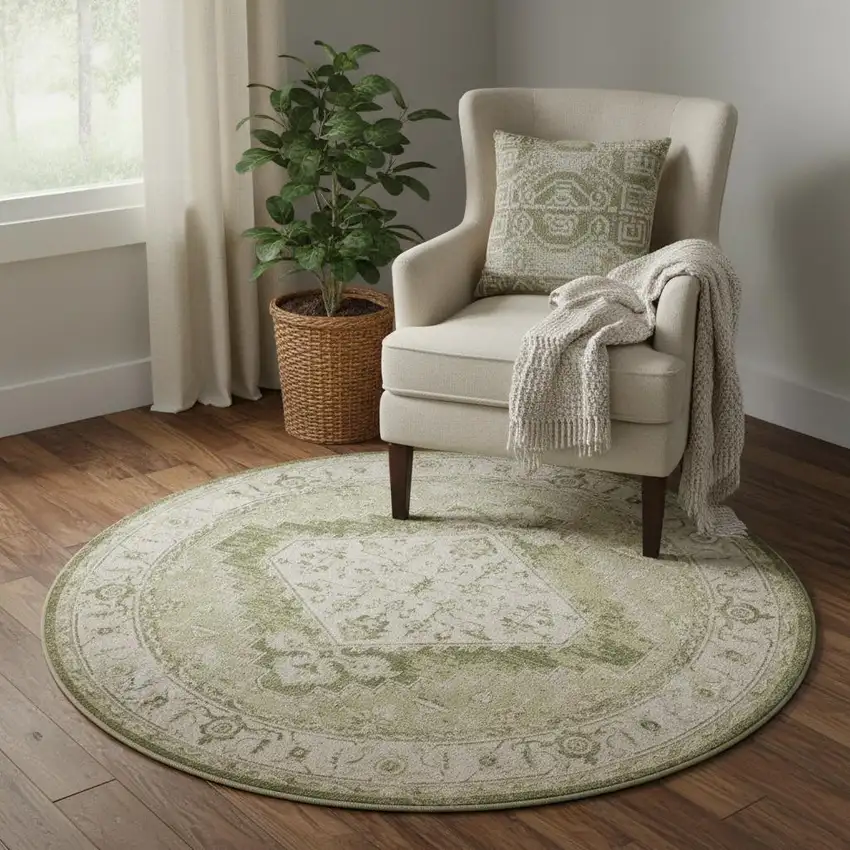 5' Beige And Green Floral Medallion Distressed Round Rug Photo 1