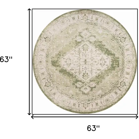 5' Beige And Green Floral Medallion Distressed Round Rug Photo 3