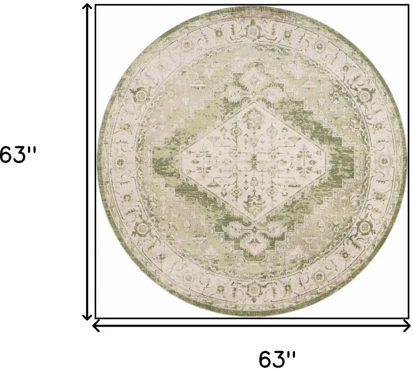 5' Beige And Green Floral Medallion Distressed Round Rug Photo 3